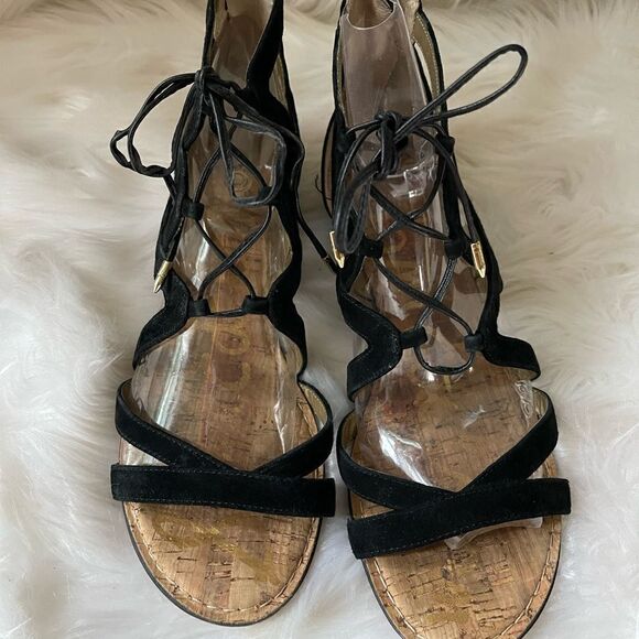 Sam Edelman leather suede lace up straps wedge sandals back zipper size 9.5 - Picture 7 of 9